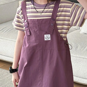 Girls Purple Smiley Pinafore Dress With Stripe T-Shirt Casual Dresses