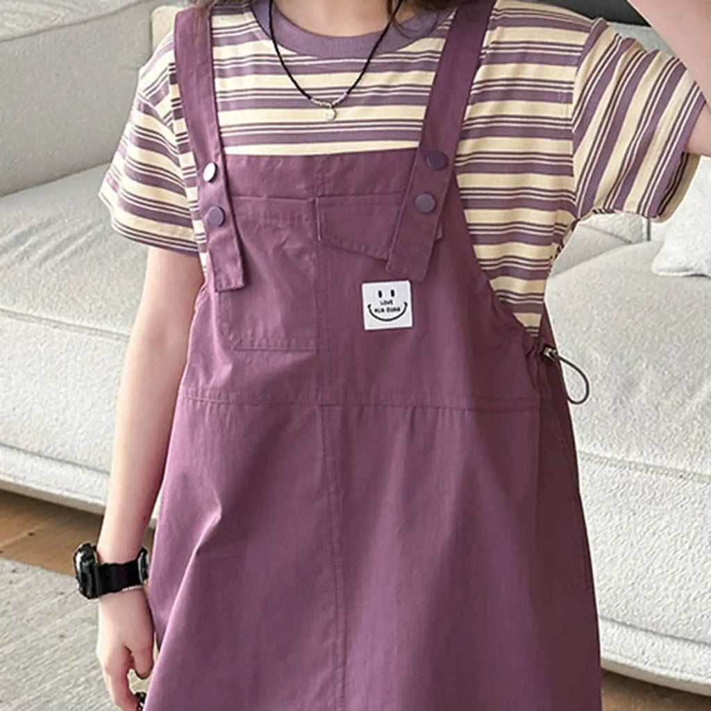 Girls Purple Smiley Pinafore Dress With Stripe T-Shirt Casual Dresses