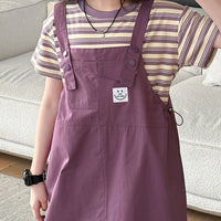 Girls Purple Smiley Pinafore Dress With Stripe T-Shirt Casual Dresses