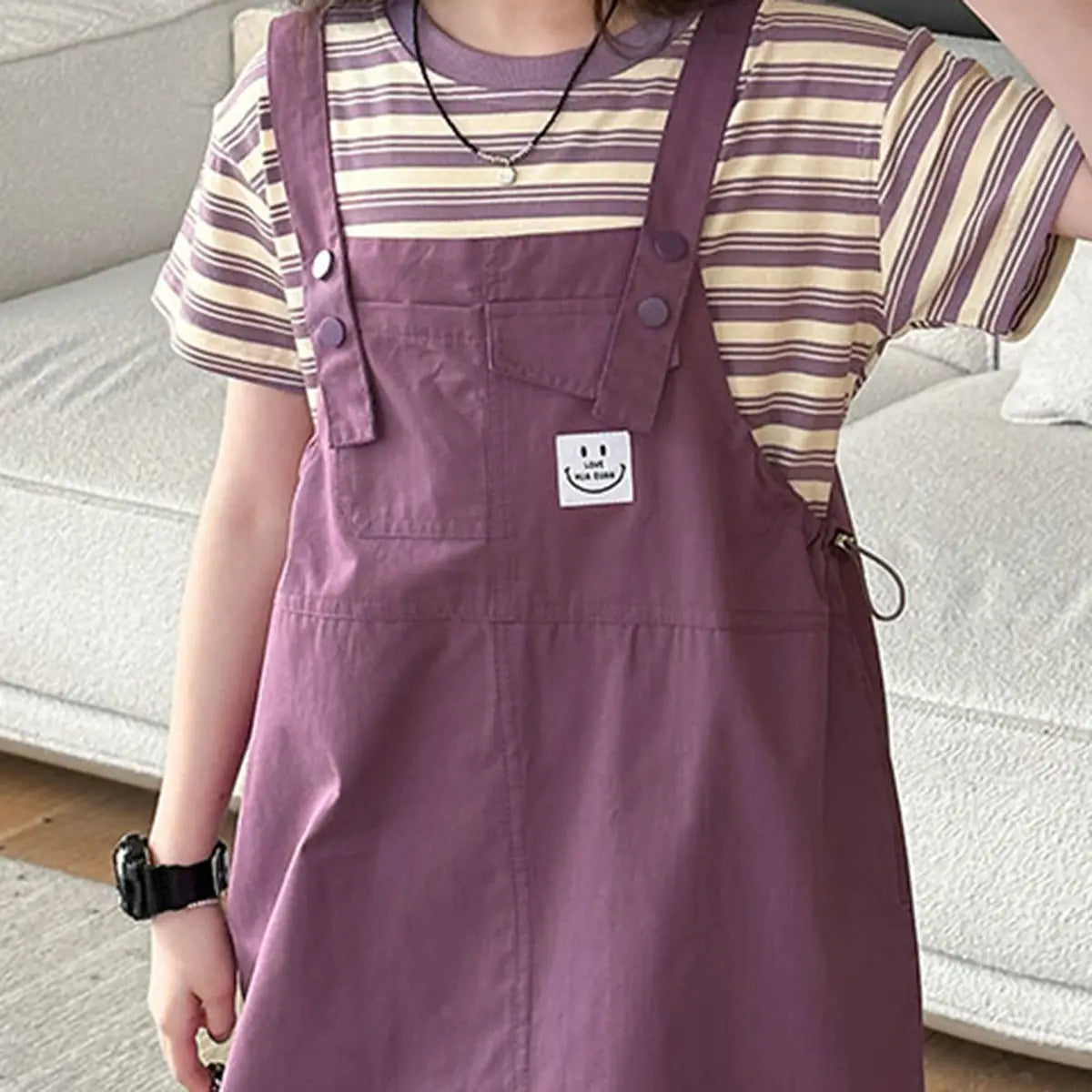 Girls Purple Smiley Pinafore Dress With Stripe T-Shirt Casual Dresses