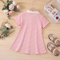 Girls Pink Striped Strawberry Applique Puff Sleeve Polo Dress Casual Dresses