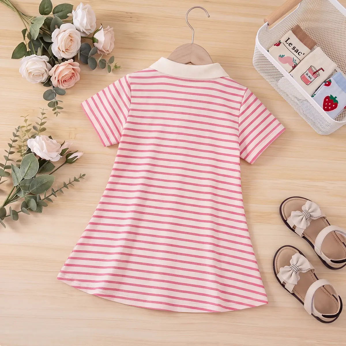 Girls Pink Striped Strawberry Applique Puff Sleeve Polo Dress Casual Dresses