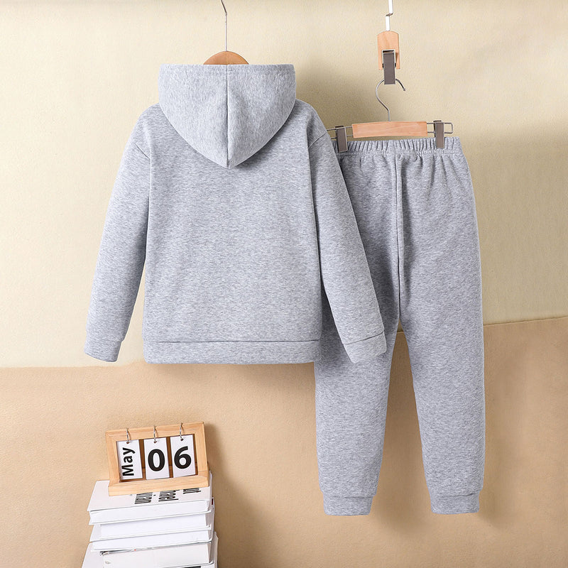 Boys Grey Melange Star Printed Hooded Sweatshirt with Joggers Set Sets