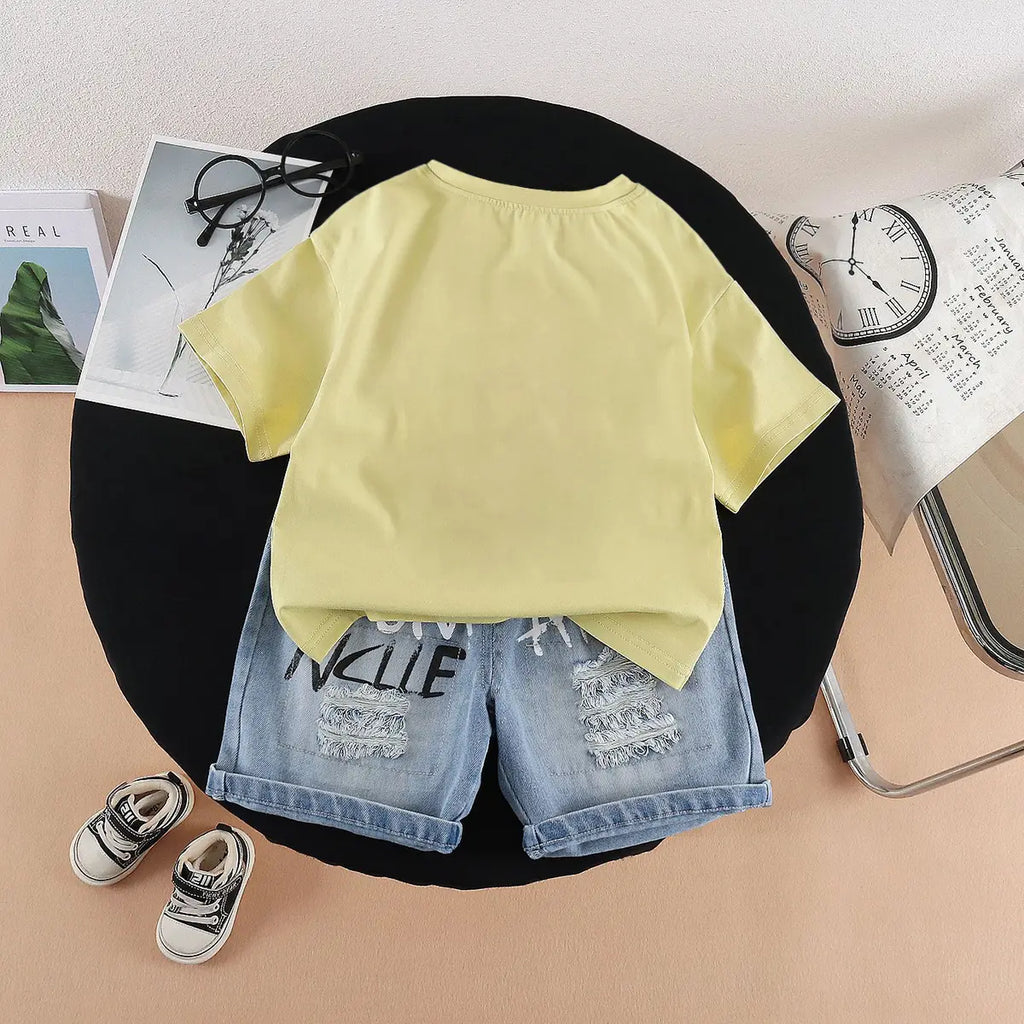 Boys Yellow Cap Graphic Short Sleeve T-Shirt With Distressed Denim Shorts Sets 2 pc. Sets