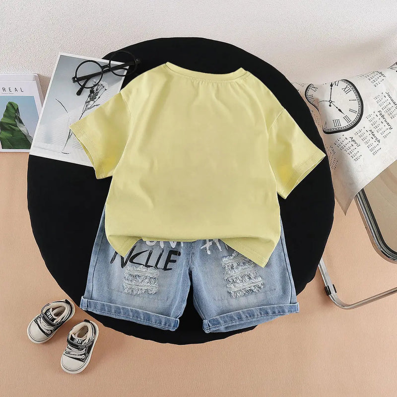 Boys Yellow Cap Graphic Short Sleeve T-Shirt With Distressed Denim Shorts Sets 2 pc. Sets