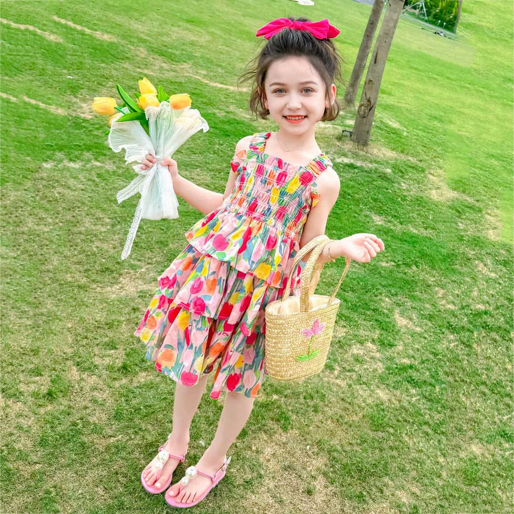 Girls Sleeveless Printed Floral Fit & Flare Dress