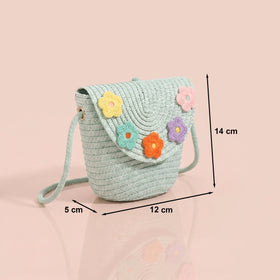 Girls Turquoise Blue Floral Applique Woven Sling Bag Sling Bags