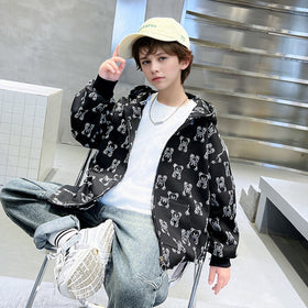 Boys Black Teddy Printed Hooded Front Zipper Winter Jacket Sweatshirts & Hoodies