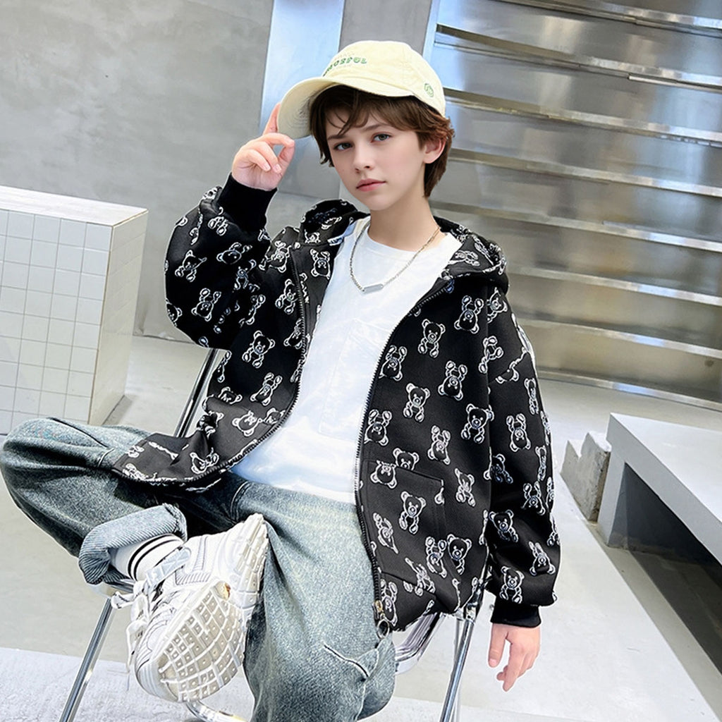 Boys Black Teddy Printed Hooded Front Zipper Winter Jacket Sweatshirts & Hoodies
