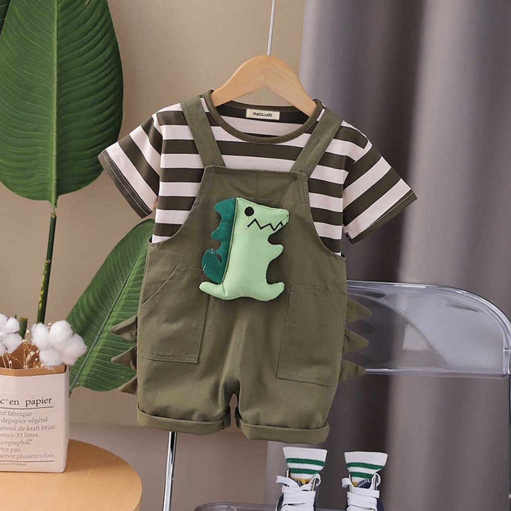 Boys Short Sleeve Striped T-Shirt With Toy Applique Dungaree Set