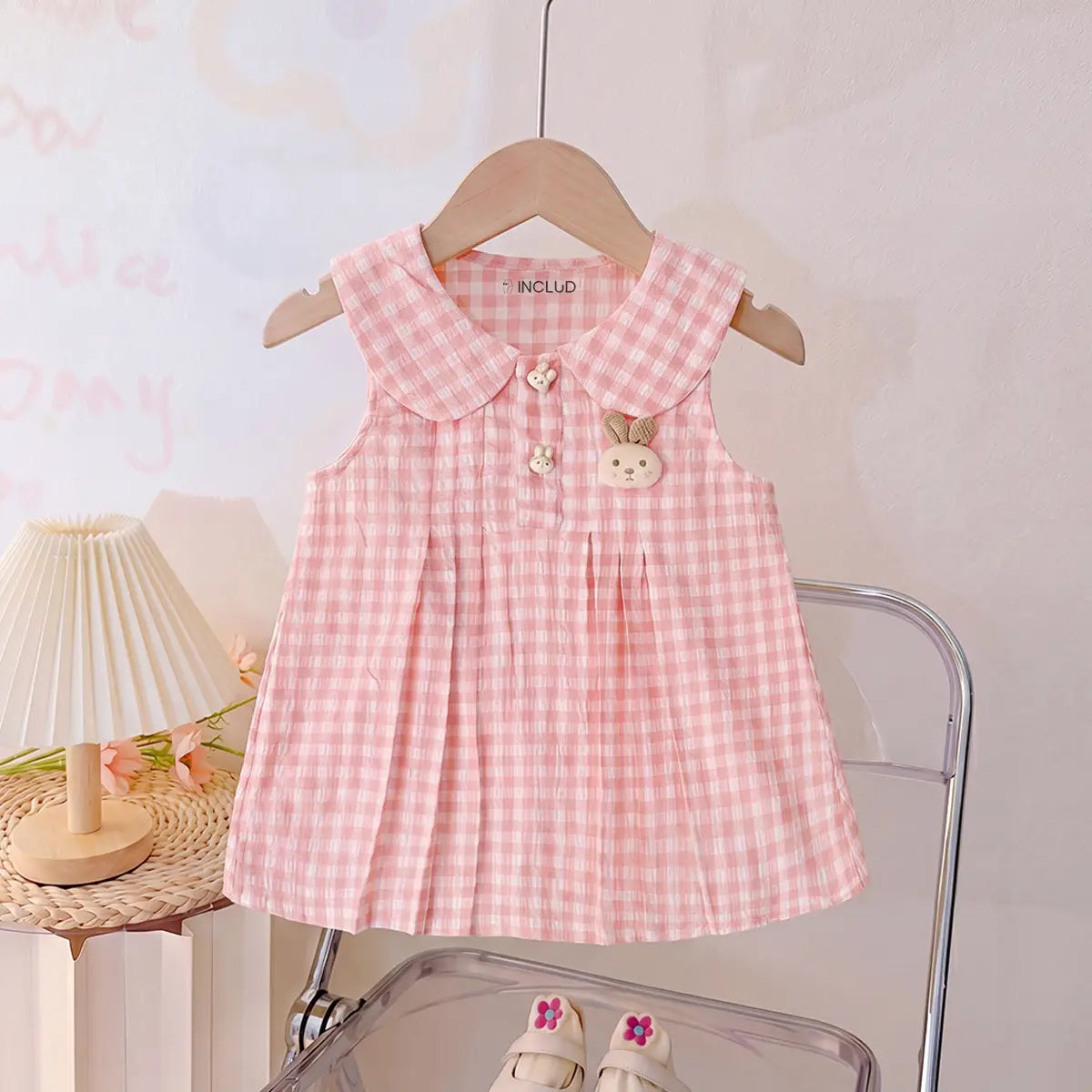Girls Light Pink Checked Rabbit Applique Sleeveless A-Line Dress Casual Dresses Light Pink 1-2 Y