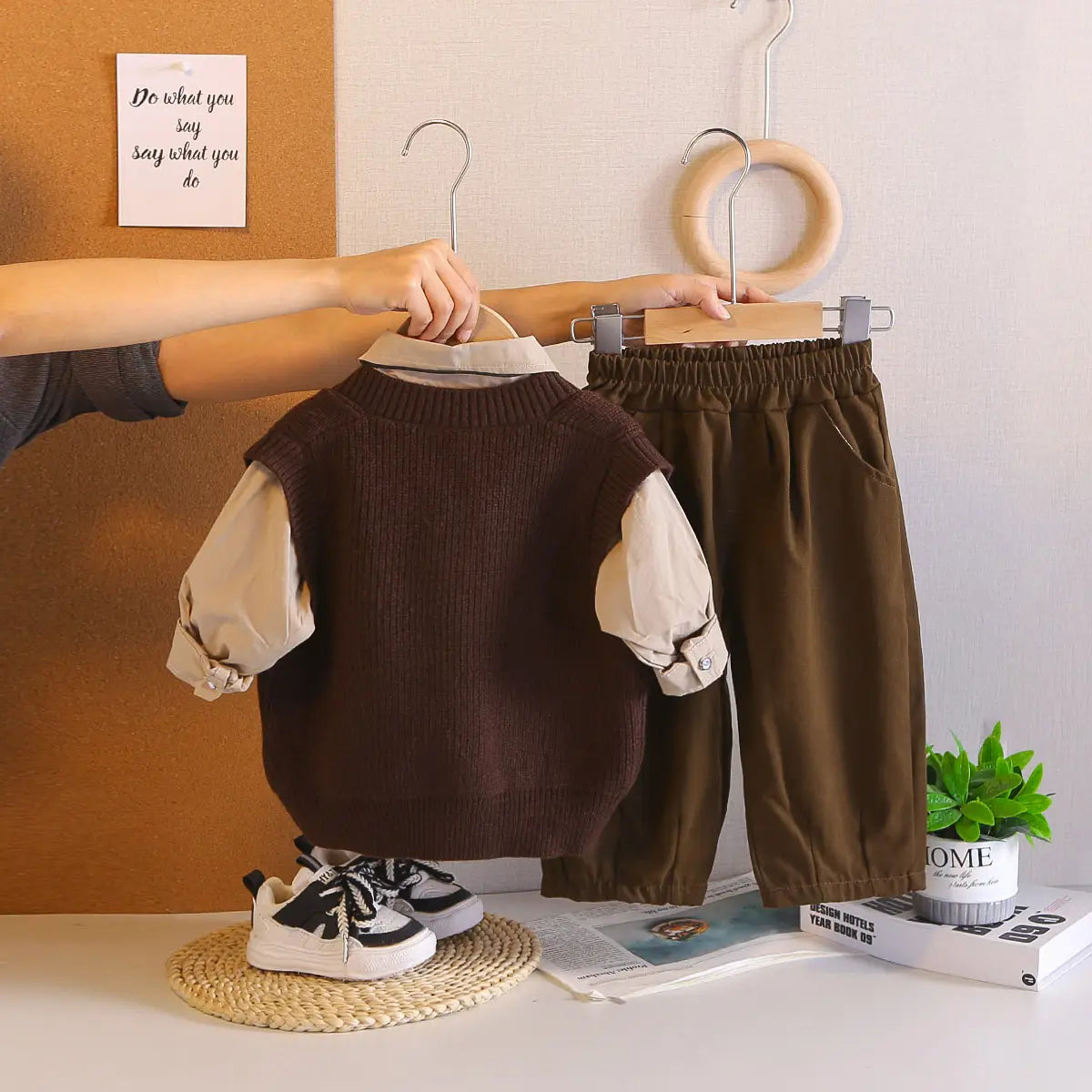 Boys Brown Sweater Vest & Pants With Shirt & Neck-Tie Sets Sets