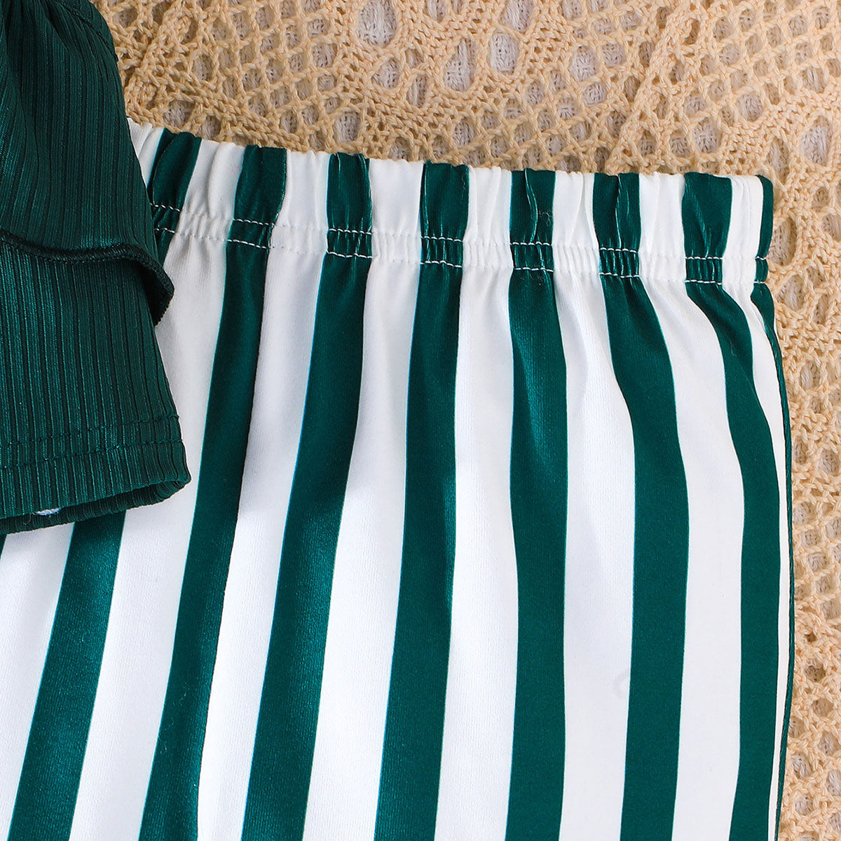 Girls Green One Shoulder Crop Top With Striped Pants Set 2 pc. Sets