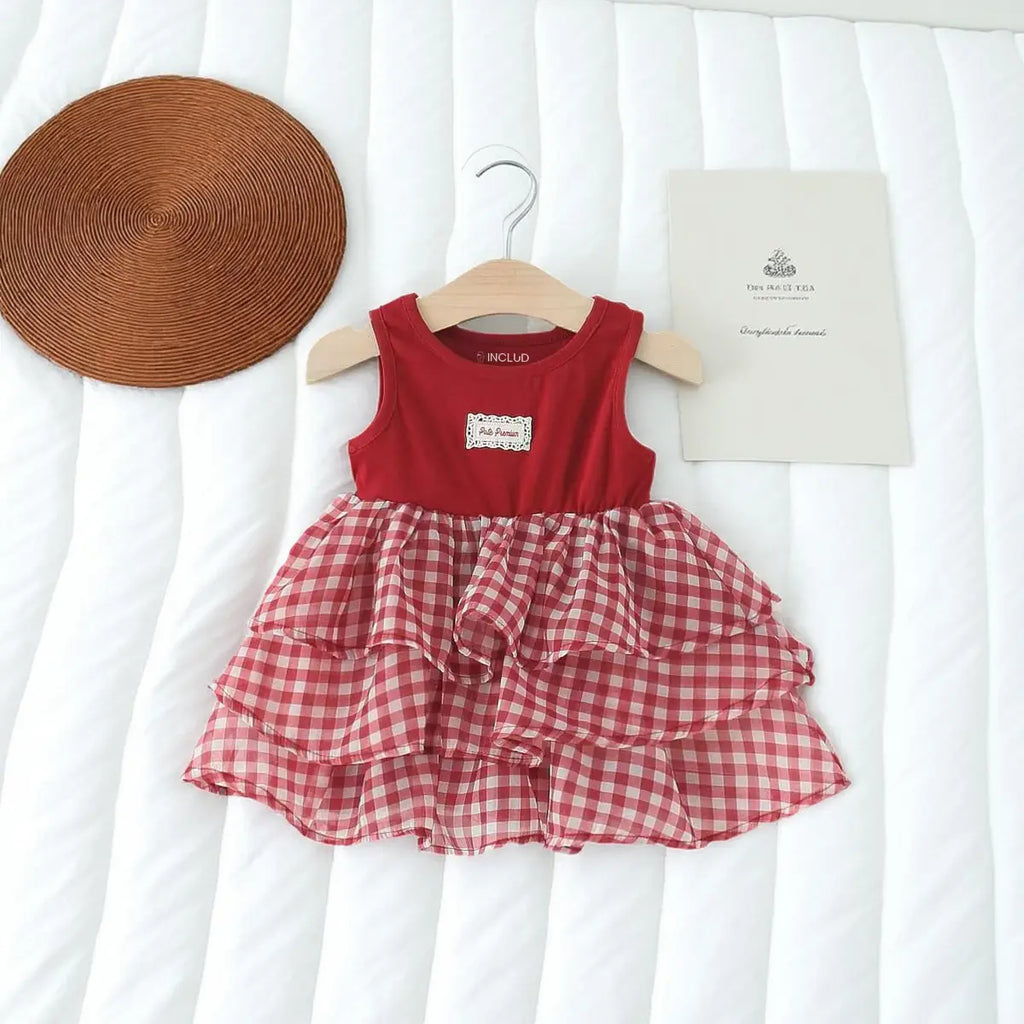Girls Red Checked Sleeveless Layered Dress Casual Dresses Red 1-2 Y