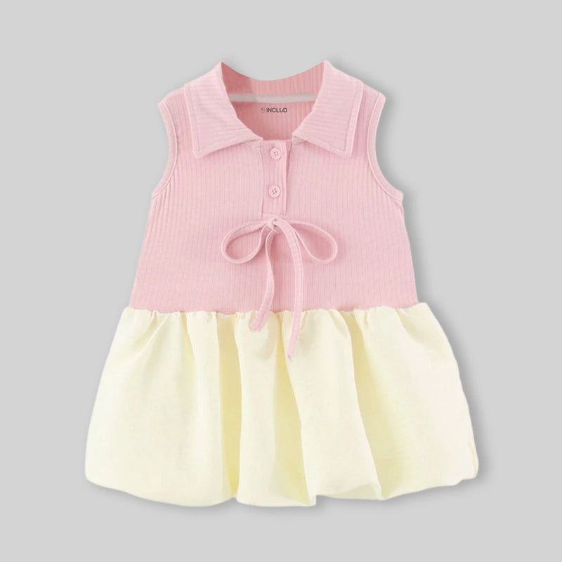 Girls Pink Colorblock Shirt Collar Flounce Hem Casual Dress Casual Dresses