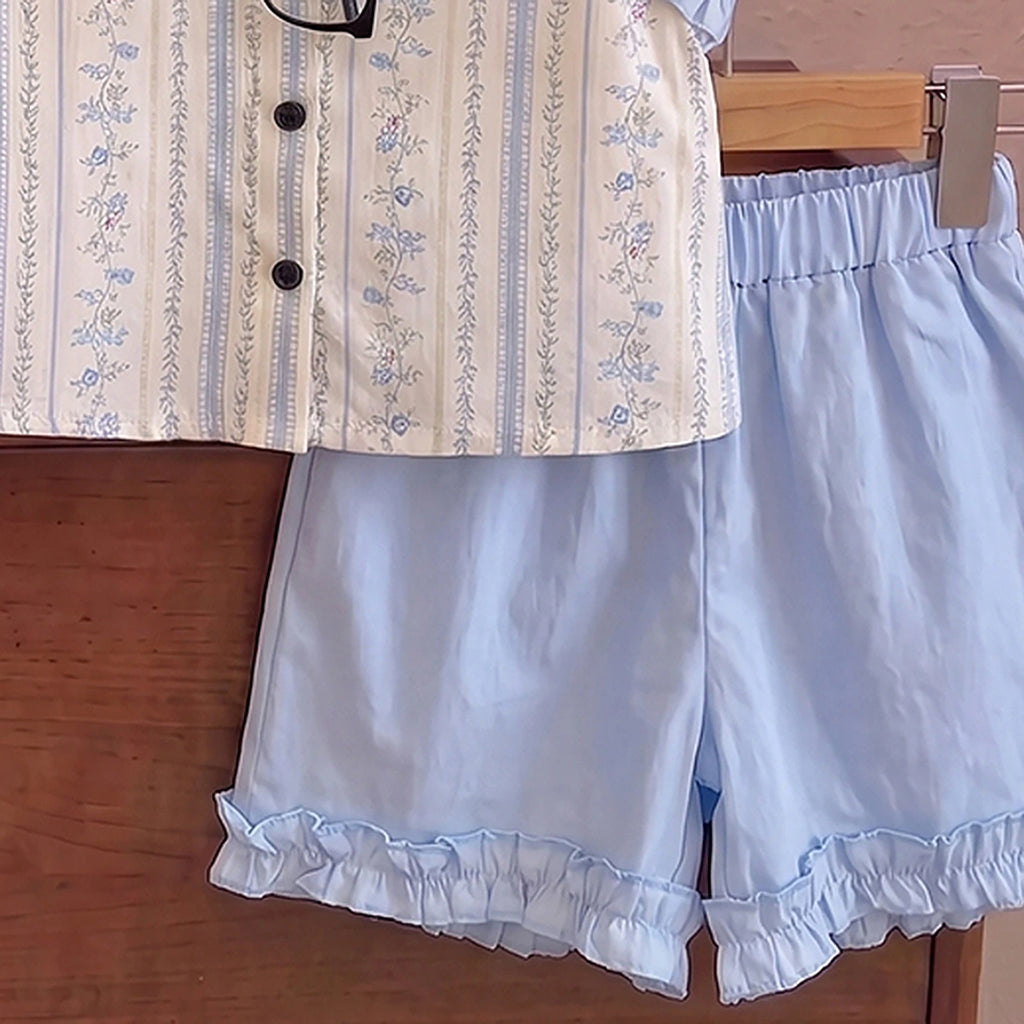 Girls Light Blue Floral Print Sleeveless Top With Elasticated Shorts Sets 2 pc. Sets