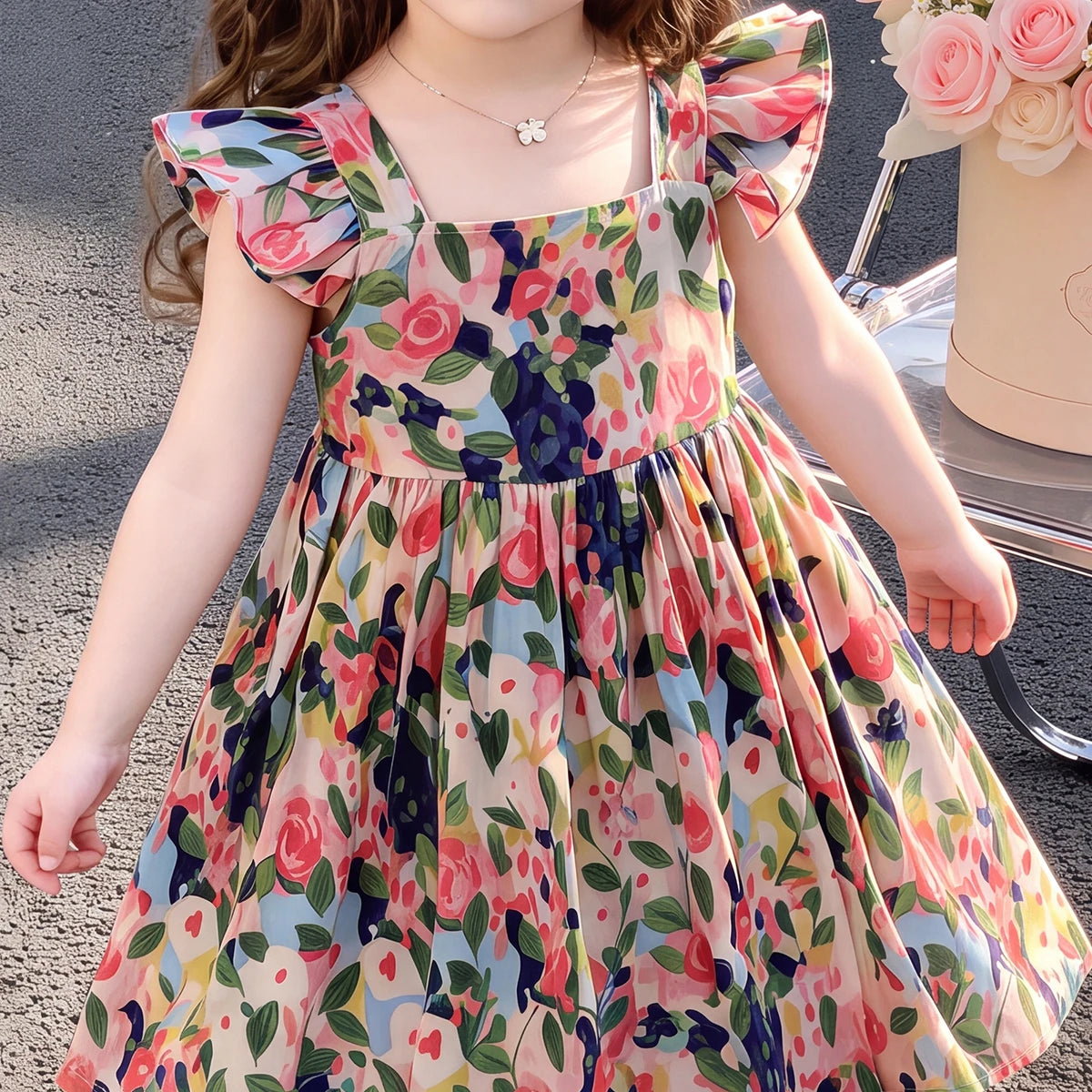 Girls Multicolour Floral Print Flutter Sleeve Fit & Flare Dress Casual Dresses