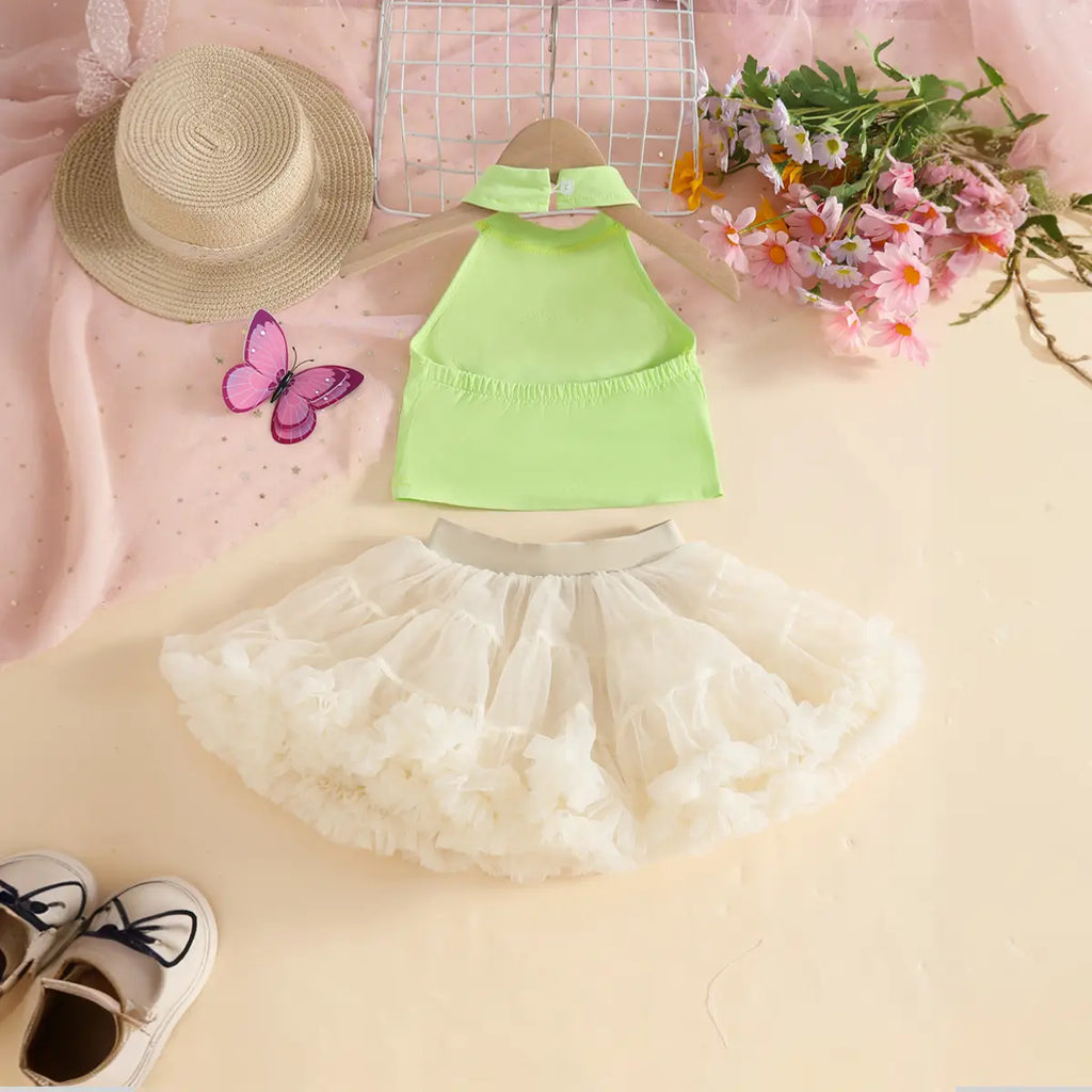Girls Light Green Butterfly Applique Halter Top With Tiered Tulle Tutu Skirt Sets Sets