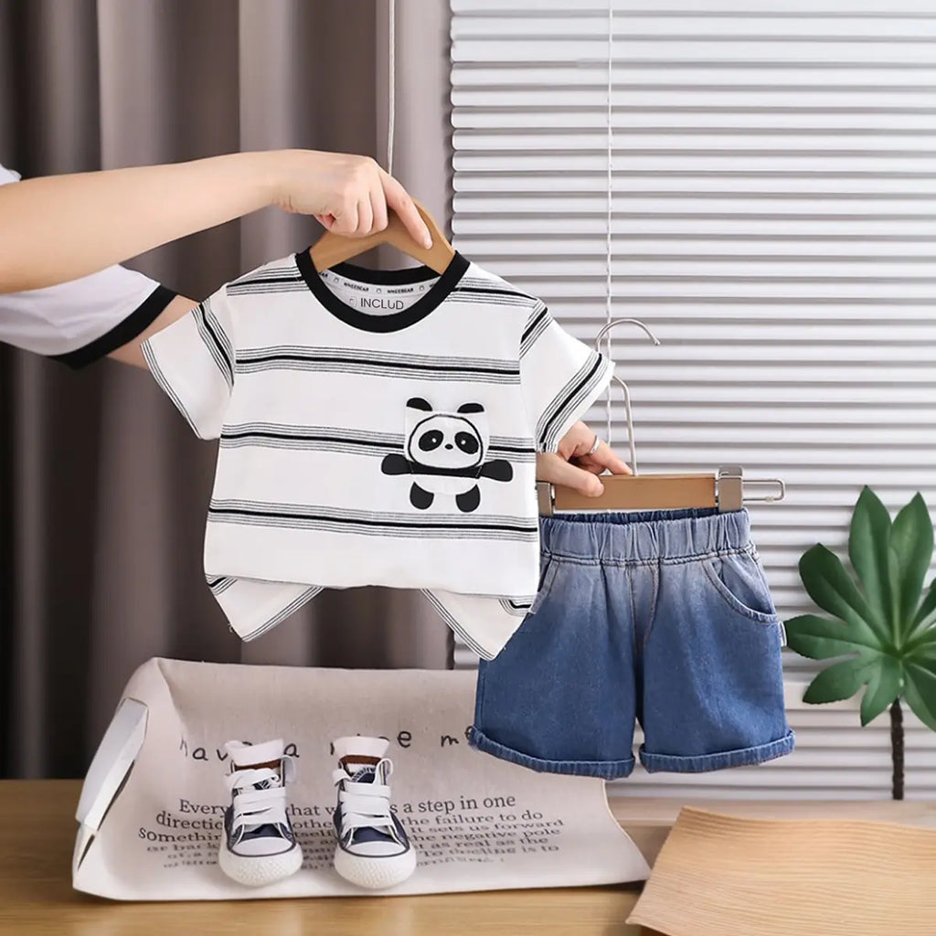 Boys White Panda Striped Short Sleeve T-Shirt With Denim Shorts Sets 2 pc. Sets White 1-2 Y