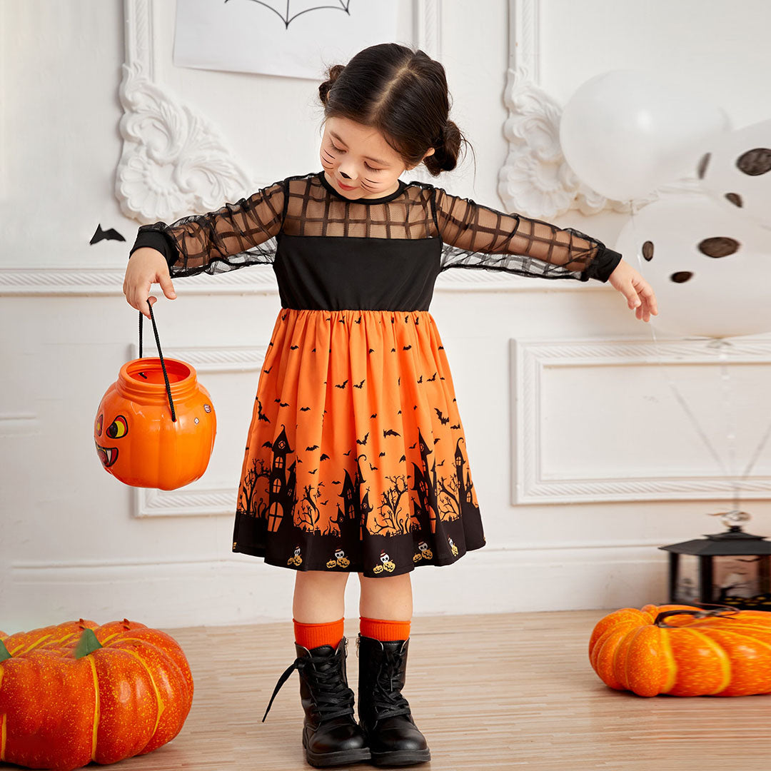 Girls Orange-Black Full Sleeves Halloween Costume Dress