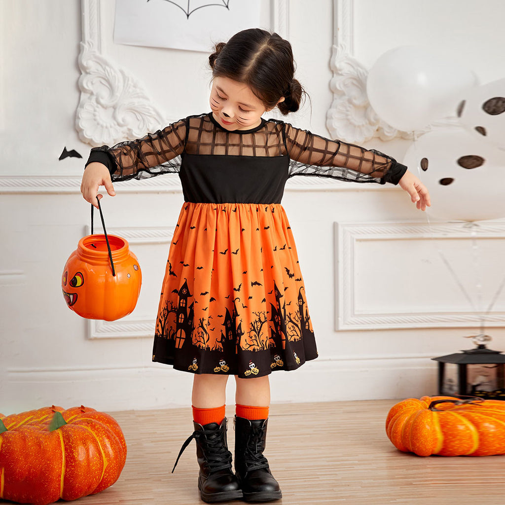 Girls Orange-Black Full Sleeves Halloween Costume Dress Casual Dresses