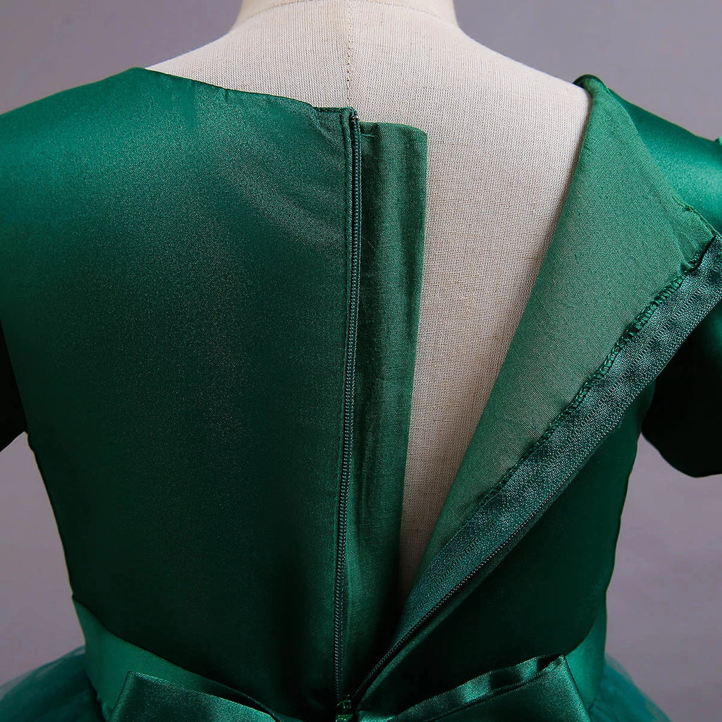 Girls Dark Green Puff Sleeve Ruffle Layered Party Wear Dress Party Dresses