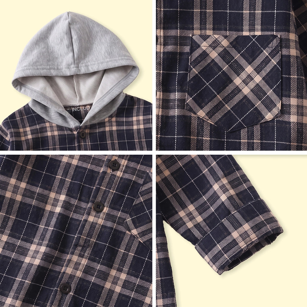 Boys Navy Blue Checked Long Sleeve Hooded Shirt Shirts