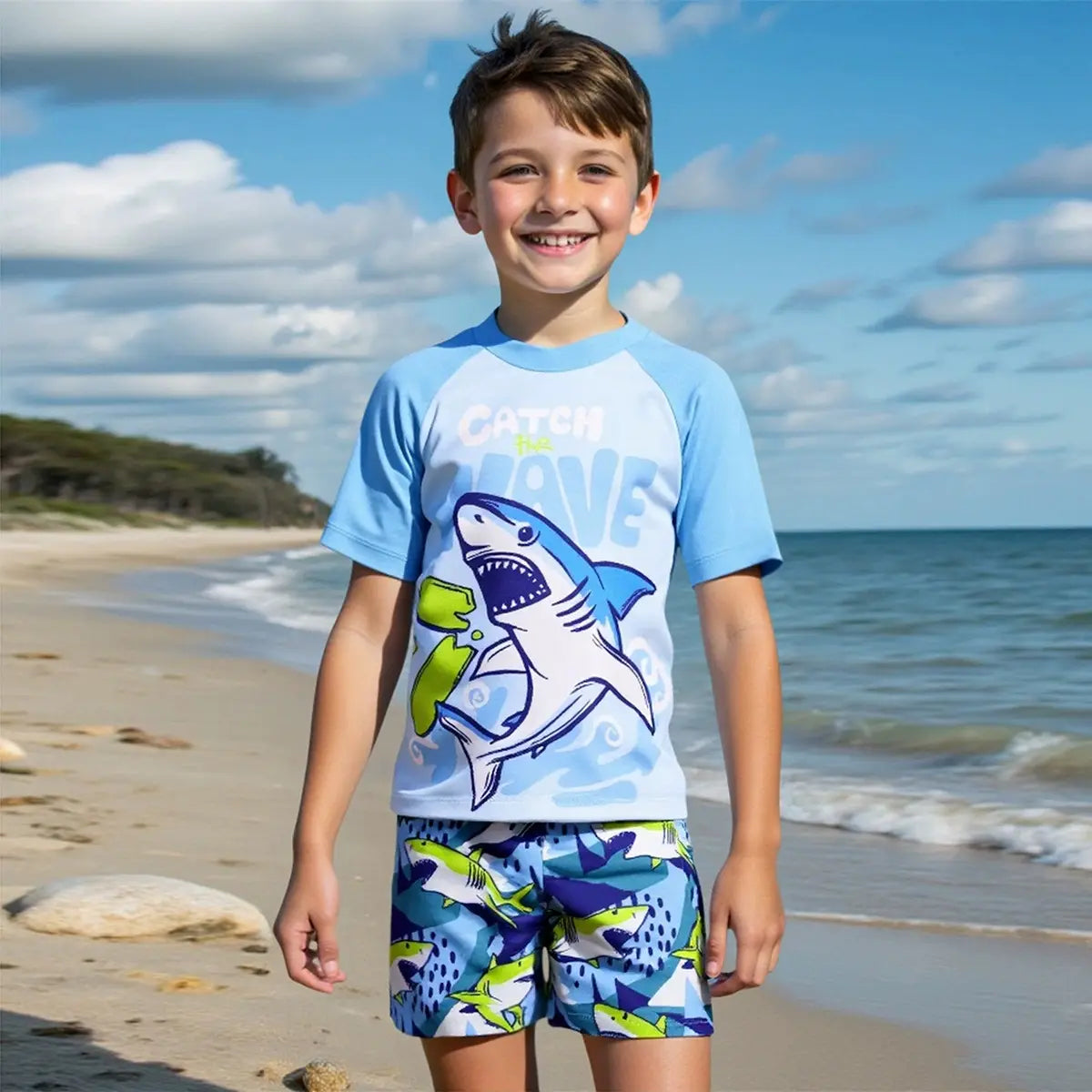 Boys Light Blue Shark Printed Short Sleeves T-Shirt & Shorts Swimsuit Sets Sets