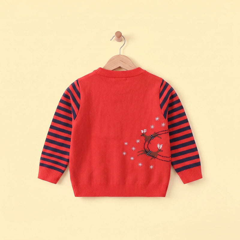 Boys Red Self-Design Christmas Themed Knitted Sweater Sweaters & Cardigans