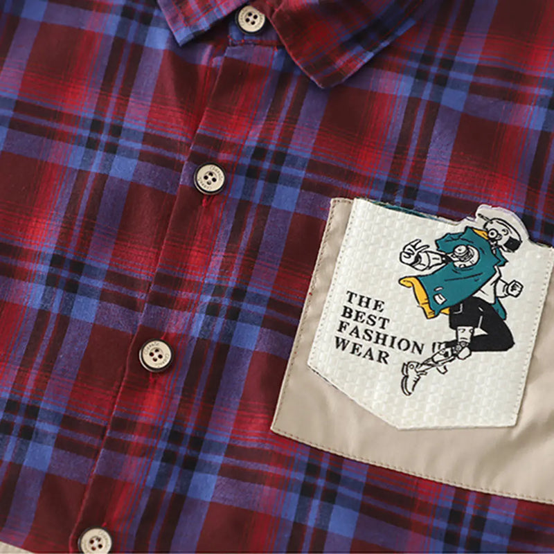 Boys Red Checked Short Sleeve Shirt With Printed T-Shirt And Denim Shorts Sets 3 pc. Sets