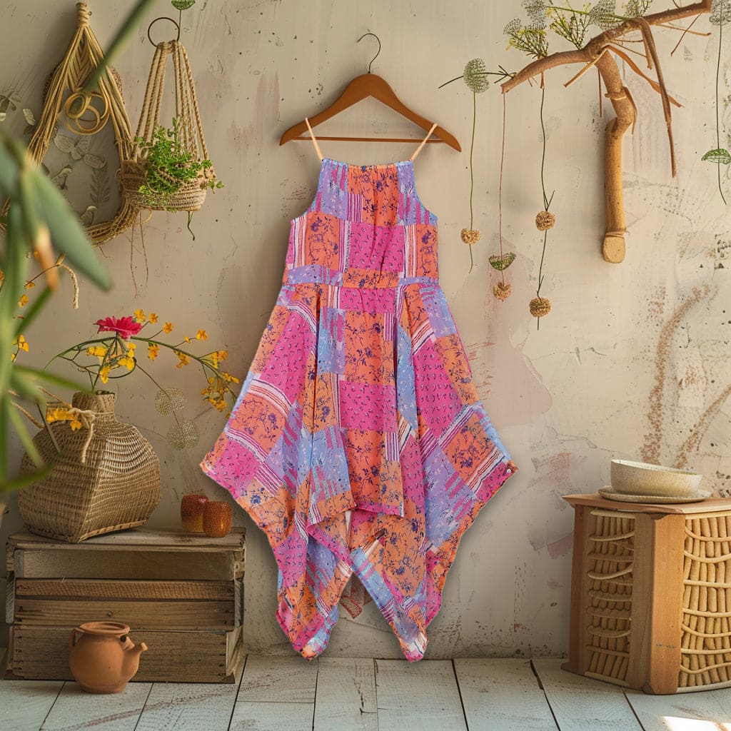 Girls Floral Print Handkerchief Hem Strappy Dress