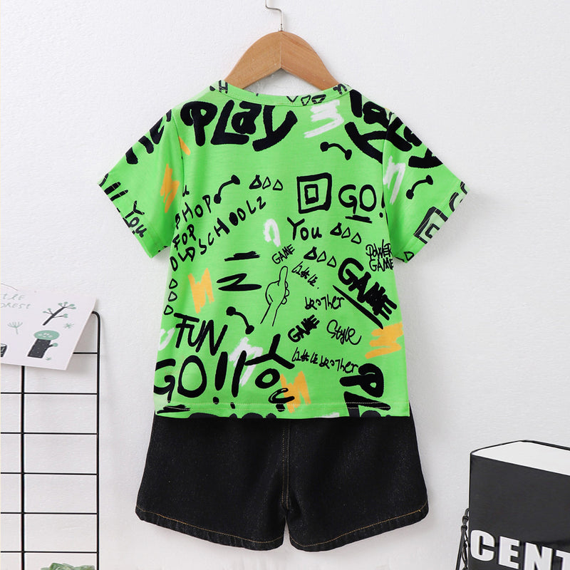 Boys Green Printed Short Sleeve T-Shirt With Shorts Set 2 pc. Sets