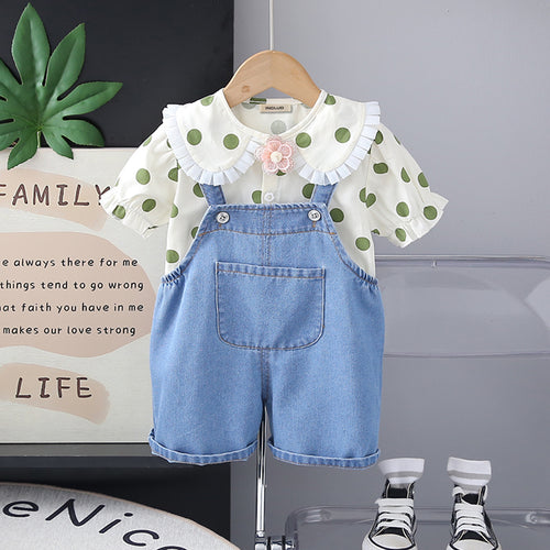 Girls Green Polk Dot Printed Puff Sleeves Top With Denim Dungaree Set 2 pc. Sets Green 1-2 Y