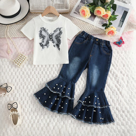 Girls White Butterfly Print T-Shirt With Pearl Embellished Denim Jeans Sets 2 pc. Sets White 2-3 Y