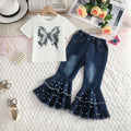 Girls White Butterfly Print T-Shirt With Pearl Embellished Denim Jeans Sets 2 pc. Sets White 2-3 Y