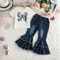 Girls White Butterfly Print T-Shirt With Pearl Embellished Denim Jeans Sets 2 pc. Sets White 2-3 Y