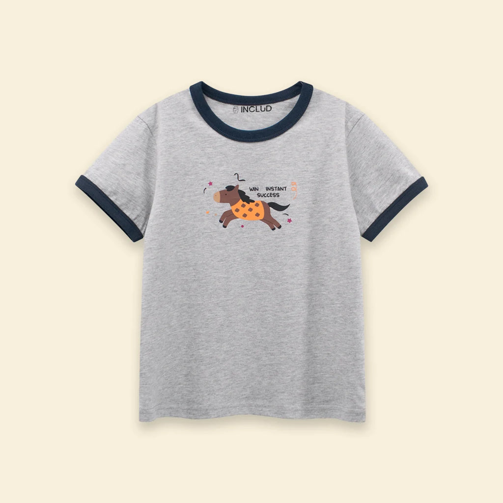 Boys Light Grey Melange Horse Printed Short Sleeve T-Shirt Tshirts