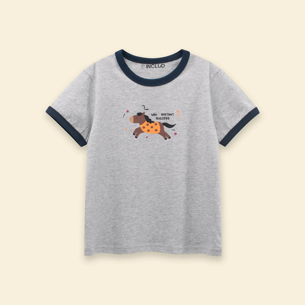 Boys Light Grey Melange Horse Printed Short Sleeve T-Shirt Tshirts