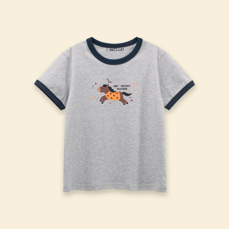 Boys Light Grey Melange Horse Printed Short Sleeve T-Shirt Tshirts
