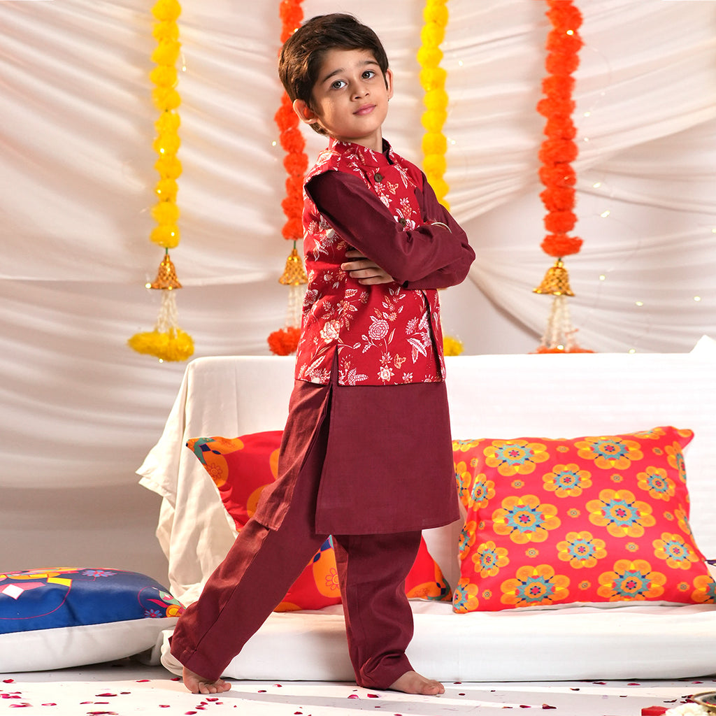 Boys Red Kurta with Floral Print Nehru Jacket & Pyjama Set Ethnicwear Boys