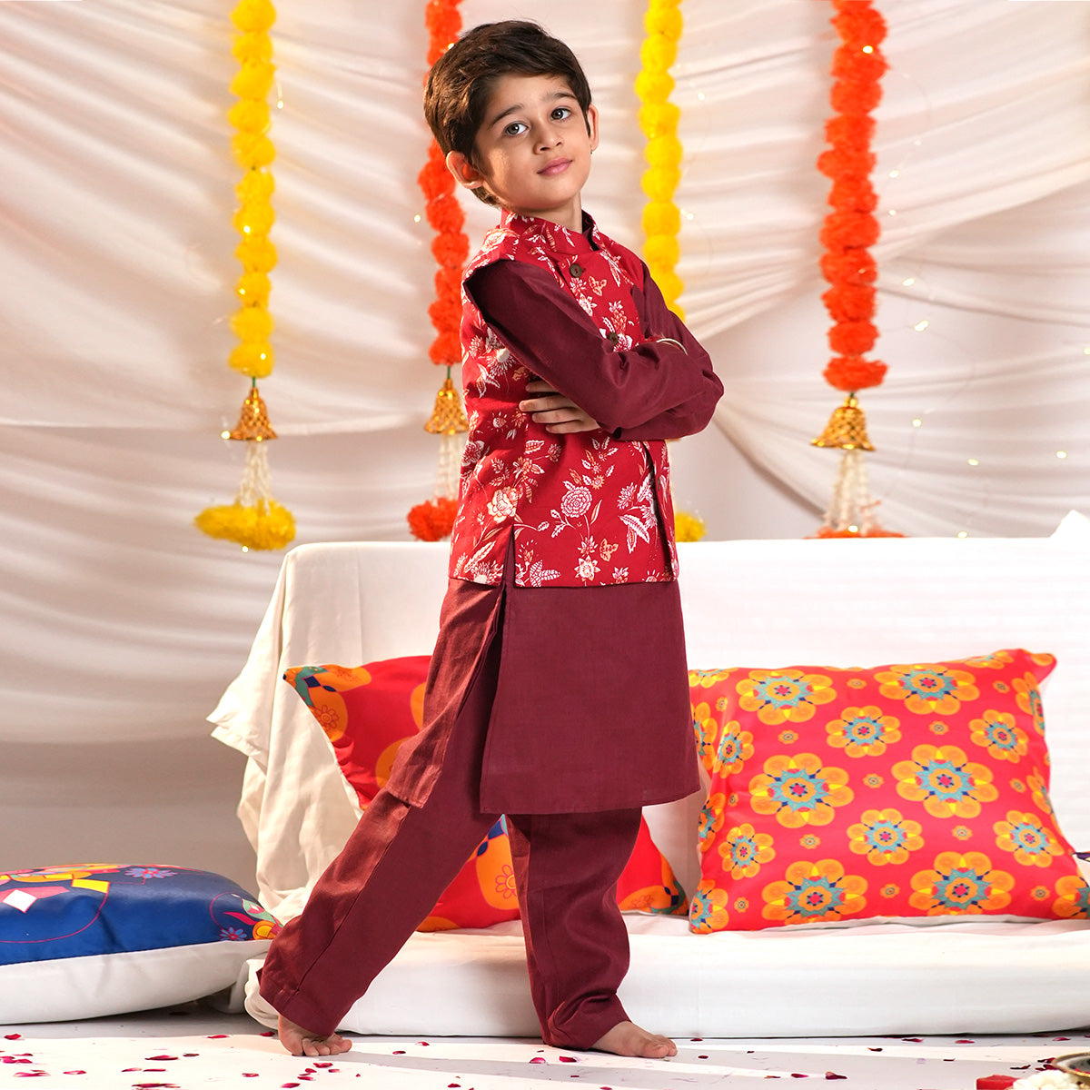 Boys Red Kurta with Floral Print Nehru Jacket & Pyjama Set Ethnicwear Boys