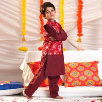 Boys Red Kurta with Floral Print Nehru Jacket & Pyjama Set Ethnicwear Boys