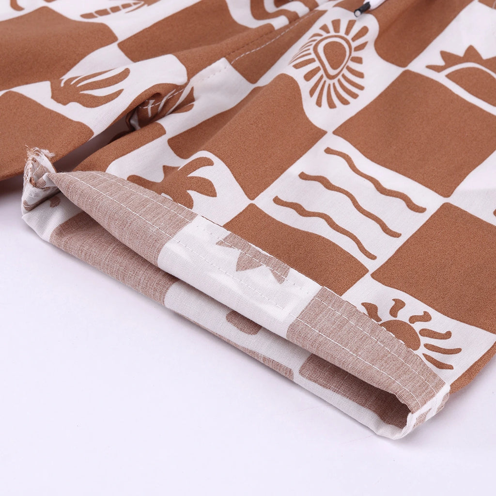 Boys Brown Tropical Print Checked Shirt With T-Shirt And Shorts Sets 3 pc. Sets