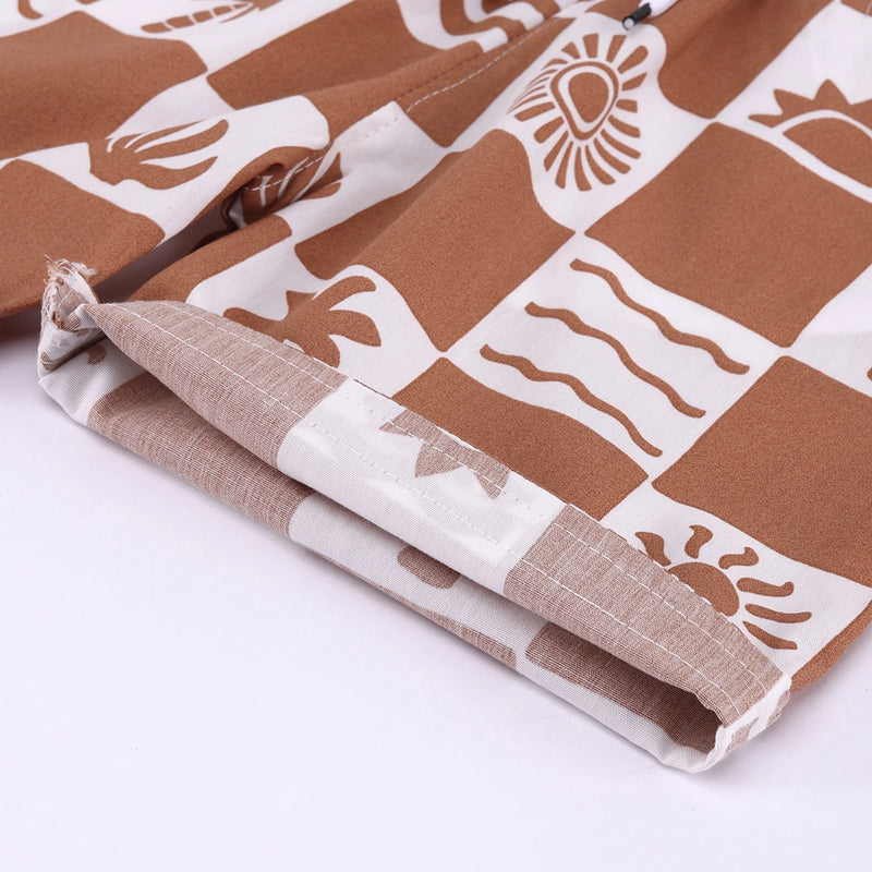 Boys Brown Tropical Print Checked Shirt With T-Shirt And Shorts Sets 3 pc. Sets