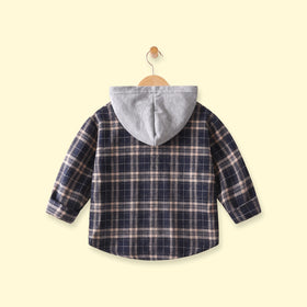 Boys Navy Blue Checked Long Sleeve Hooded Shirt Shirts