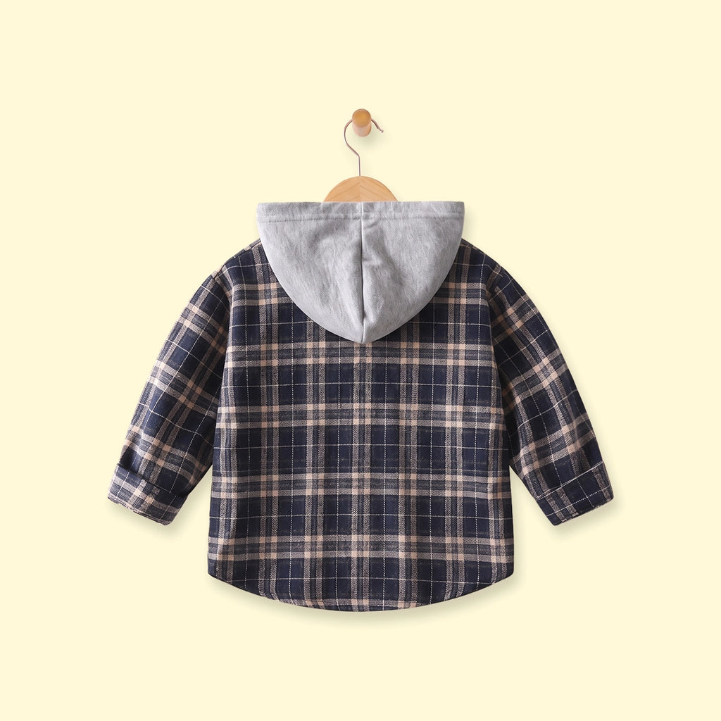 Boys Navy Blue Checked Long Sleeve Hooded Shirt Shirts