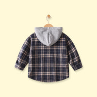 Boys Navy Blue Checked Long Sleeve Hooded Shirt Shirts