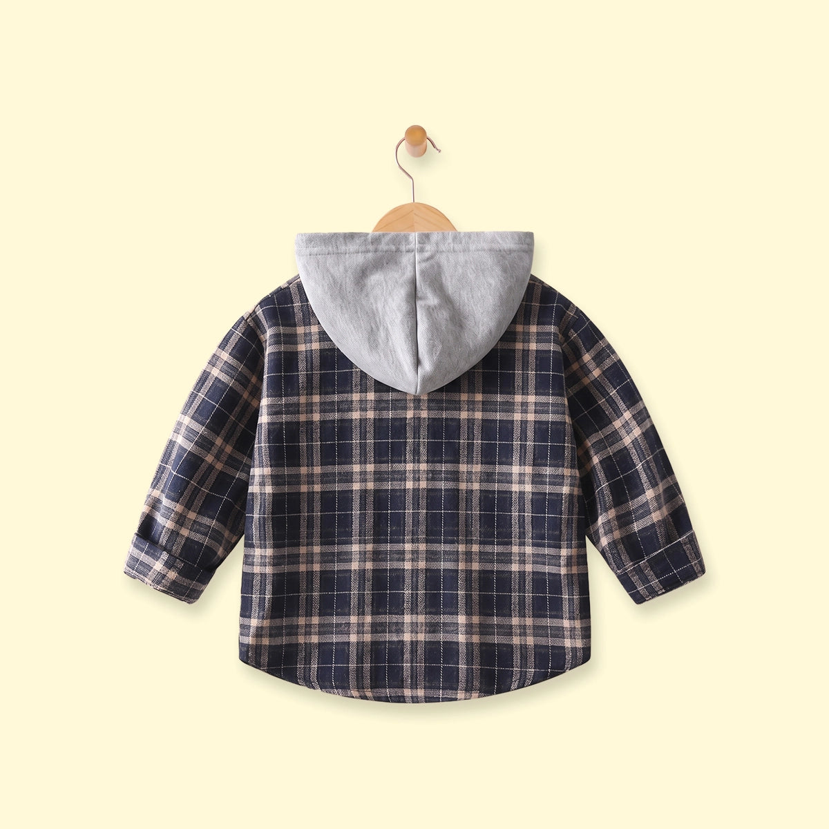 Boys Navy Blue Checked Long Sleeve Hooded Shirt Shirts