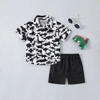 Boys Black Dinosaur Print Short Sleeves Button-Down Shirt With Shorts Set Sets Black 1-2 Y