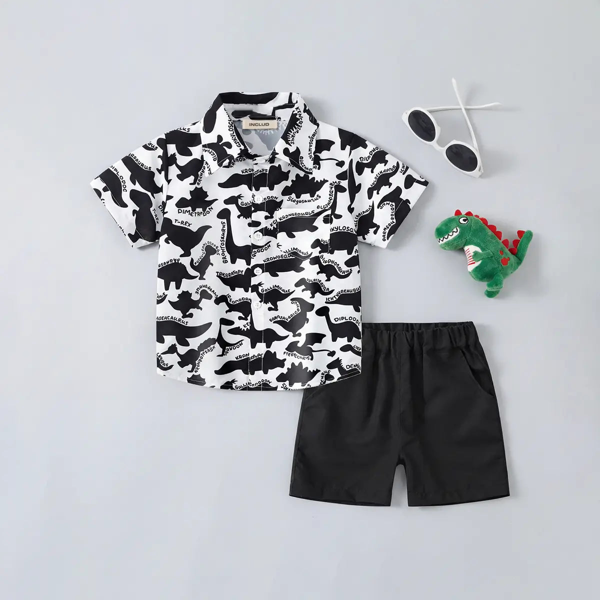 Boys Black Dinosaur Print Short Sleeves Button-Down Shirt With Shorts Set Sets Black 1-2 Y